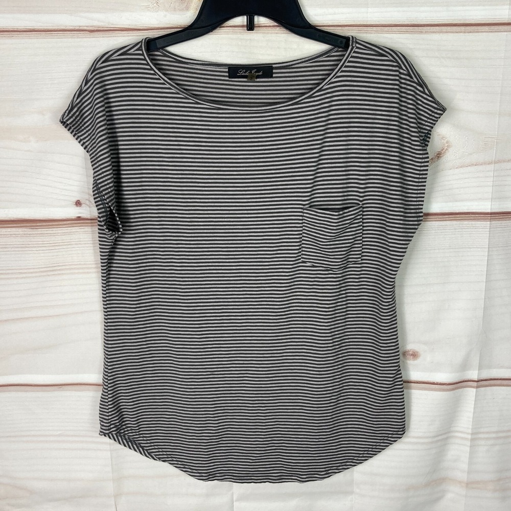 Laila Jayde Top Womens S Gray Stripe T-Shirt Boat Neck Dolman Sleeve Knit Pocket